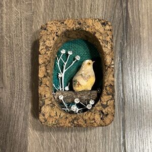 Handcrafted Folk Art Cork Frame w/ Bird Figurine Diorama by Nature Craft